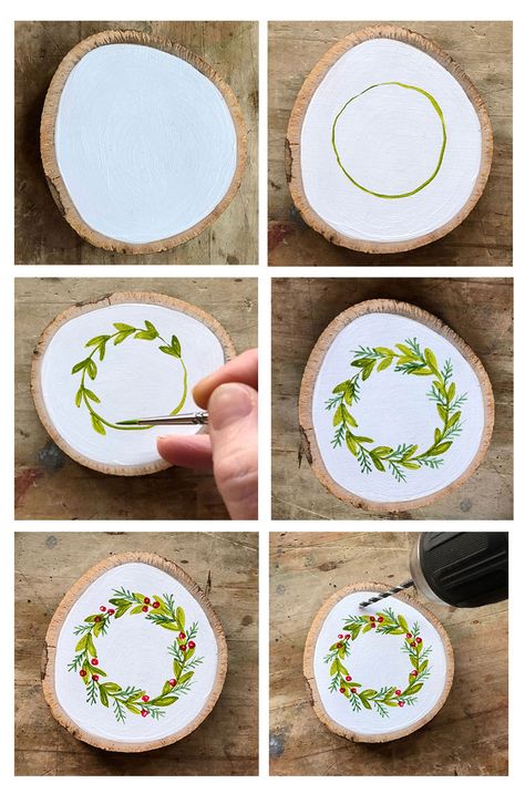 Learn How to Paint a Christmas Wreath and make your own Wood Slice Christmas Ornaments via http://www.bonnielecatdesigns.com/blog Painted Christmas Wreath, Hand Painted Christmas Ornaments, Jul Diy, Doilies Crafts, Wreaths Ideas, Wreath Ornament, Wood Slice Crafts, Hand Painted Christmas, Tutorials Diy