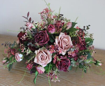 Floral Display Table Arrangement In Antique Dusty Pink And Burgundy 22 Inch | eBay Wedding Top Table, Table Floral Arrangements, Rosé Christmas, Pink And Burgundy, Dusty Rose Wedding, Silk Floral Arrangements, Display Table, Table Arrangement, Rose Arrangements