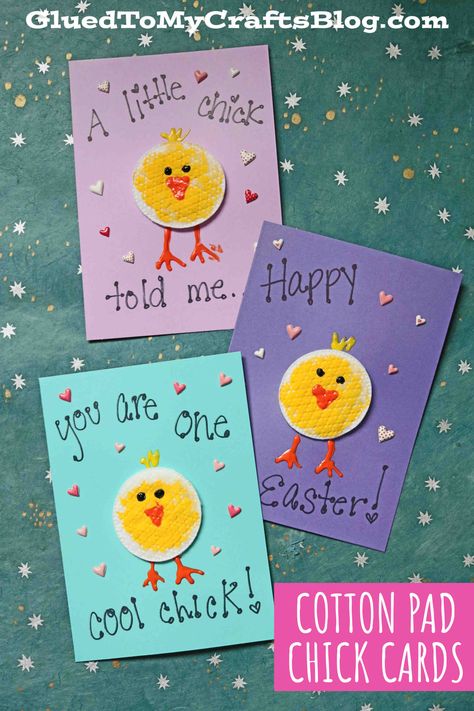 Cotton Pad Easter Chick Cards - Kid Craft Idea Easter Card Craft For Kids, Easter Crafts Cards, Easter Crafts Eyfs, Easter Cards For Kids To Make, Easter Cards Preschool, Easter Cards Eyfs, Handmade Easter Cards Ideas, Eyfs Easter, Easter Cards For Kids