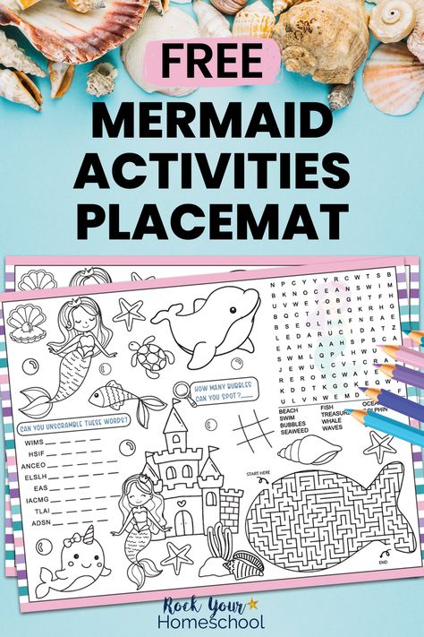 These mermaid activities are awesome ways for your kids to have fun. This free printable placemat (or worksheet) is perfect for parties, summer fun, brain breaks, and more! Mermaid Theme Birthday Activities, Mermaid Party Games Activities, Mermaid Party Activities For Kids, Mermaid Birthday Activities, Mermaid Activities For Kids, Mermaid Party Activities, Mermaid Birthday Party Activities, Fun Brain Breaks, Mermaid Birthday Party Decorations Diy