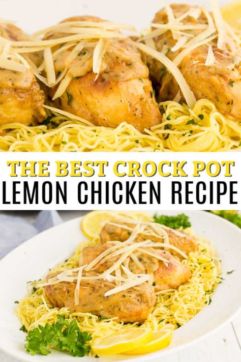 Crockpot lemon chicken is so light and refreshing for a great meal. The creamy lemon sauce is delicious over the chicken and pasta for an easy dinner idea. Crock Pot Lemon Chicken, Lemon Chicken Crockpot, Crockpot Lemon Chicken, Slow Cooker Lemon Chicken, Easy Lemon Chicken, Cajun Chicken Pasta Recipes, Baked Ranch Chicken, Oven Roasted Asparagus, Eating On A Dime