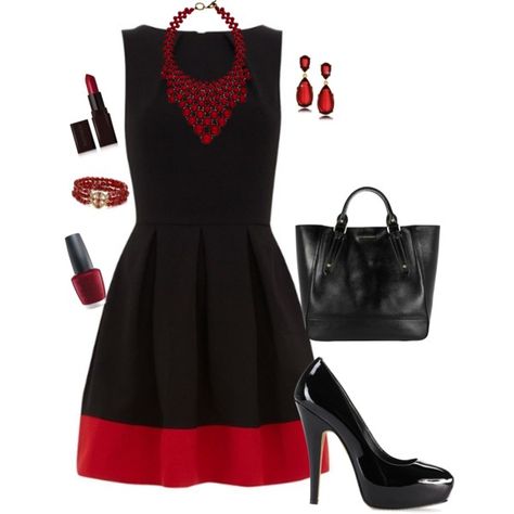 "Black & Red" by heycarrieann17 on Polyvore Black Dress With Red Accessories, Fall Attire, Red Band, Pretty Dress, Closet Fashion, Playing Dress Up, Fashion Classy, Elegant Fashion, Women's Fashion Dresses