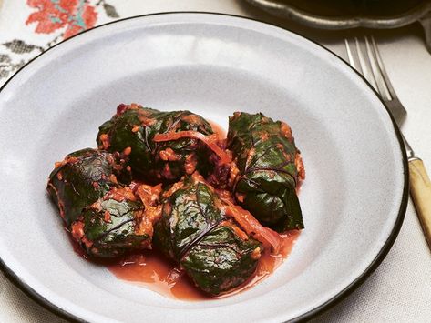 Cook this: Beet leaf rolls with buckwheat and mushrooms from Summer Kitchens | National Post Beet Leaf Rolls, Beet Leaves, Summer Kitchens, Crispy Shallots, Stuffed Cabbage, Beet Recipes, Beet Greens, Dehydrated Food, Cabbage Rolls