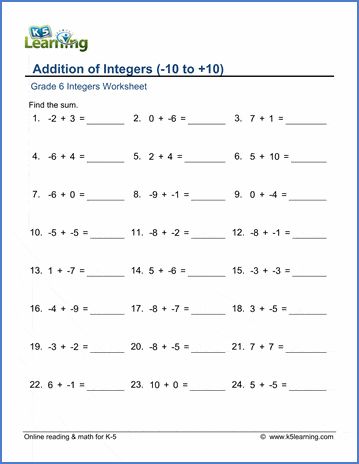 Addition Of Integers, Grade 6 Math Worksheets, Integers Worksheet, Grade 6 Math, Cursive Writing Worksheets, Spelling Worksheets, Preschool Math Worksheets, Free Kindergarten Worksheets, English Grammar Worksheets