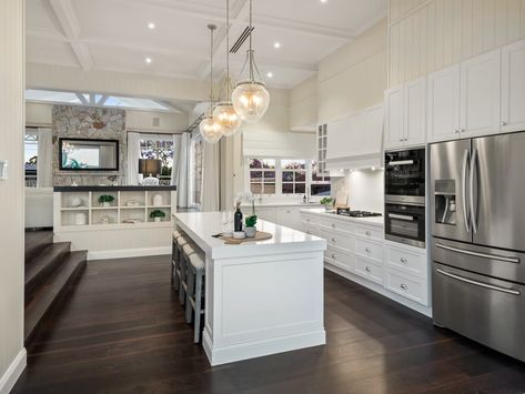 modern version of Hamptons style, Queenslander Kitchen, Renovated Queenslander, Hampton Interior, Hampton Style House, Hamptons House Interior, Hamptons Houses, Hamptons House Exterior, Queenslander Homes, Queenslander House