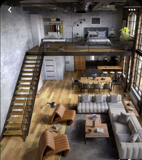 One Room Loft Apartment Ideas, Industrial Loft Floor Plans, Industrial Loft Apartment Floor Plan, Small Loft Apartment Layout, Mezannine Loft Interior Design, Loft Apartment Floor Plan, Loft Type House, Industrial Loft Apartment, Small Loft Apartments