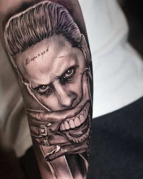 Jared Leto Tattoo, Tato Joker, Joker And Harley Tattoo, Harley Tattoos, Joker Tattoo Design, Harley Quinn Tattoo, Joker Tattoo, Neck Tattoo For Guys, Tattoos For Black Skin