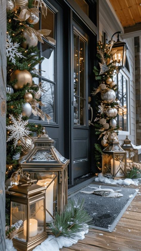 Front Door With Lanterns, Narrow Front Porch Christmas Decor, Gold Christmas Porch Decor, Front Door Embellishments, Christmas Door Garland Ideas Entrance, Christmas Trees By Front Door, Front Door Decor Lanterns, Classy Outside Christmas Decor, Garland Around Front Door Christmas