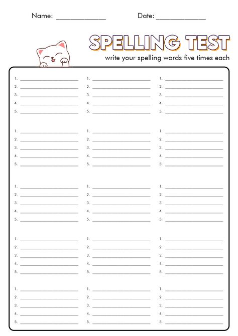 Spelling Words Practice Sheets, Spelling Sheets Free Printable, Spelling Test Practice, Spelling Bee Practice, Spelling List Template, Spelling Words Worksheets, Spelling Practice Worksheets, Spelling Test Template, Spelling Word Practice