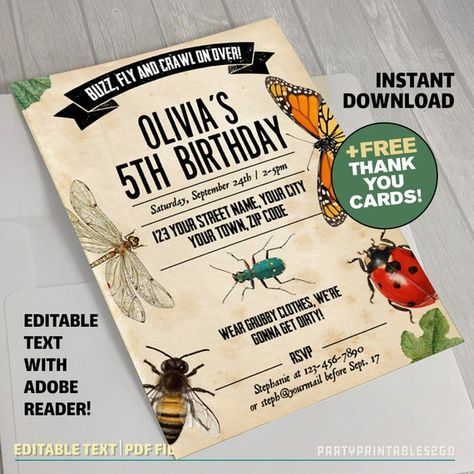 Bug Party Invitation with FREE Thank you Card!- INSTANT DOWNLOAD - Insects Invitation - Bug Birthday - Bug Party Decor - Edit at home Insect Party, Bug Party, Free Thank You Cards, Free Cards, Different Fonts, Party Items, Printed Materials, Party Printables, Letter Size