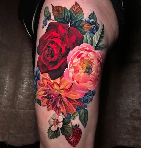 color realism tattoos by gela✨ (@sweetandoffbeat) • Instagram photos and videos Flower Cover Up Tattoos, Realistic Flower Tattoo, American Traditional Tattoo Ideas, Traditional Tattoo Ideas, Realism Tattoos, Flower Tattoo Back, Aztec Tattoo, Flower And Leaves, Gorgeous Tattoos