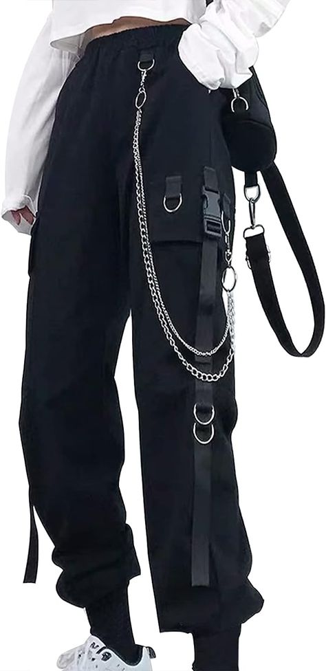 Amazon.com: Women Trousers Pants with Chain Pocket High Waist Capri Cinch Bottom Sweatpants Joggers : Clothing, Shoes & Jewelry Cargo Pants Women Baggy, Moda Kpop, Harem Pants Fashion, Tripp Pants, High Waisted Cargo Pants, Estilo Tomboy, Gothic Pants, Plus Zise, Mode Punk