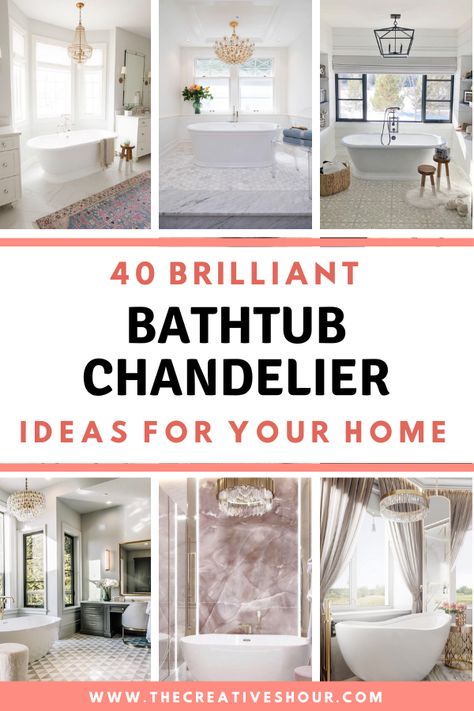 Discover elegant bathtub chandelier ideas! Illuminate your bathroom retreat with style. Explore lighting options today. Gold Bathroom Chandelier Over Tub, Over The Tub Lighting, Above Tub Lighting, Master Bath Chandelier Over Tub, Bathtub Chandelier Master Bath, Light Fixture Over Bathtub, Light Above Bathtub, Bath Tub Lighting, Light Over Bathtub