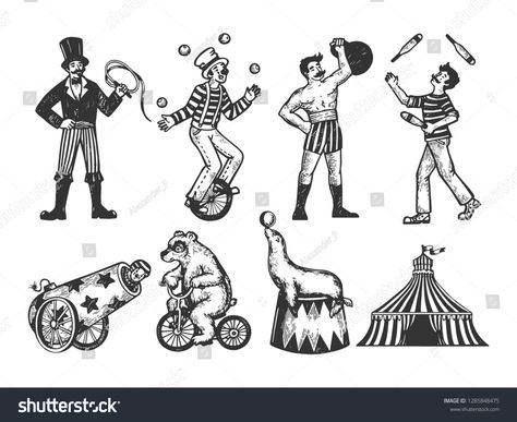 Retro circus performance set sketch style vector illustration. Old hand drawn engraving imitation. Human and animals vintage drawings #Ad , #Affiliate, #style#sketch#illustration#vector Circus Performance, Circus Tattoo, Circus Illustration, Retro Circus, Vintage Drawings, Visual Design Trends, Human Sketch, School Murals, Circus Art