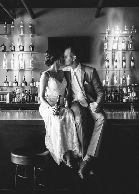 Bride & Groom Bar Photo Bride And Groom At Bar, Vintage Bar Photos, Wedding Bar Pictures, Speakeasy Wedding Photos, Bar Wedding Pictures, Restaurant Wedding Photography, Bride And Groom Bar Photos, Wedding Bar Photoshoot, Dive Bar Wedding Photos