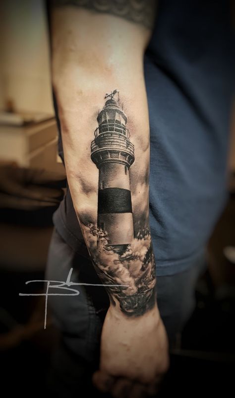 Lighthouse Half Sleeve Tattoo, Lighthouse Arm Tattoo, Lighthouse And Anchor Tattoo, Lighthouse Forearm Tattoo, Light Tower Tattoo, Light House Tattoo Design, Lighthouse Tattoo Meaning, Ship Tattoo Sleeves, Lighthouse Tattoos