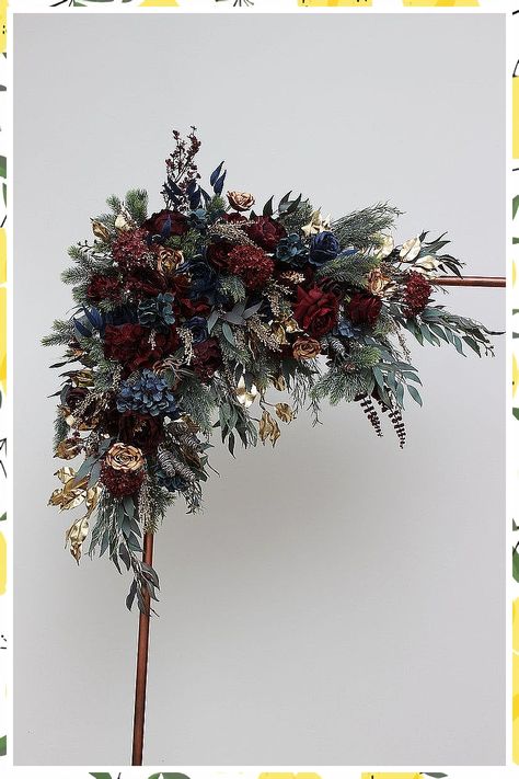 Winter Home Decor Boho - Never miss the awesome and greatest deal. Click to visit and find out more! Black Flowers For Arch, Florist Ideas, Navy And Burgundy Wedding, Faux Flowers Wedding, Arch Arrangement, Gold Wedding Flowers, Bouquet Burgundy, Gold Bouquet, Aisle Flowers