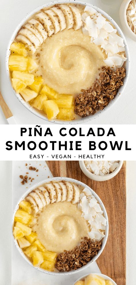 This piña colada smoothie bowl is a healthy, refreshing, and tropical treat! The recipe is vegan, dairy-free, and easy to make. It's a non alcoholic twist on the classic cocktail. Enjoy this pineapple coconut smoothie with your favorite toppings and a spoon! #pinacolada #smoothiebowl #smoothie #vegan #pineapple #coconut #dairyfree #veganbreakfast Pineapple Healthy Recipes, Unique Smoothie Recipes, Best Smoothie Bowl Recipe, Pineapple Recipes Healthy, Smoothie Bowl Base, Piña Colada Smoothie, Breakfast Smoothie Bowl Recipes, Crab Dinner, Smoothies Bowls