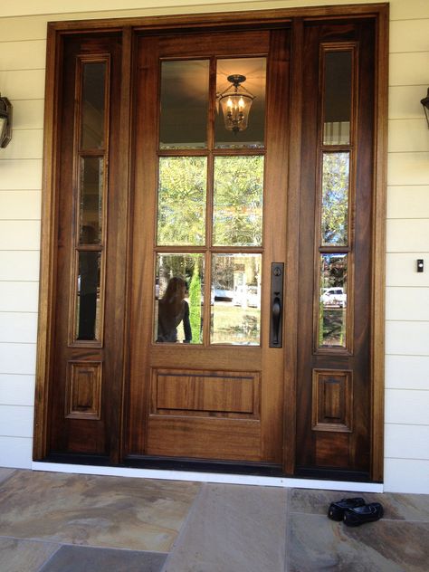 Our Best Selling Front Door Entrance Unit Model #186 - this 6 lite door with beveled glass is a timeless look! Call the store for details. 865-524-8000                                                                                                                                                      More 8 Foot Exterior Front Door, Large Wood Front Door, Vstupná Hala, Farmhouse Front Door, Front Door Porch, Wood Front Doors, Wooden Front Doors, Door Entrance, Front Door Entrance