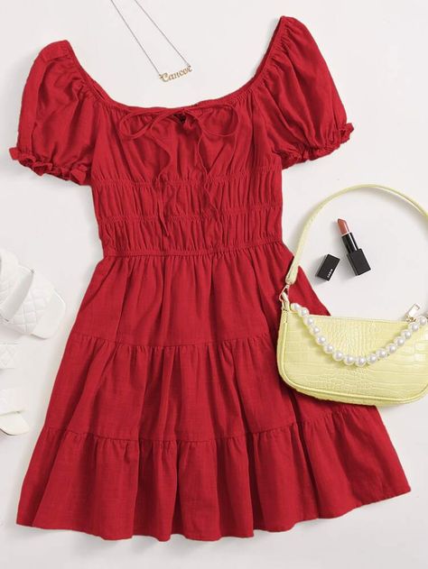 Boho Outfits Chic, Red Dress Shein, Red Boho Dress, Ruffle Trim Dress, Lace Trim Dress, Shirred Dress, Red Boho, Shein Dress, Outfit Jeans