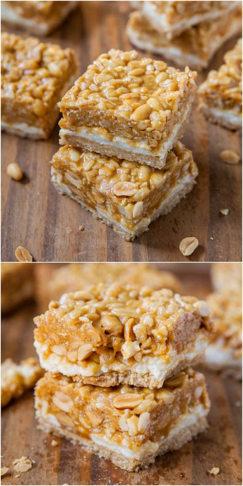 Peanut Chewy Payday Bars - Like the classic candy bar and with a layer of marshmallow, too!  Soft and chewy, salty-and-sweet all in one easy bar! Payday Bars, Payday Candy, Payday Candy Bar, Easy Bar, Averie Cooks, Cereal Bars, Puppy Chow, Baked Goodies, Dessert Bar