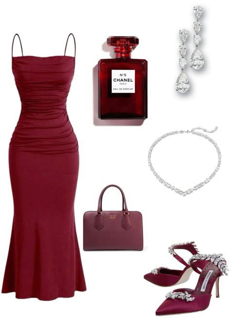 Perfume Red, Silver Outfit, Red Perfume, Outfit Minimal, Heels Silver, Dresses Classy, Fashion Vocabulary, Elegant Dresses Classy, Red Handbag