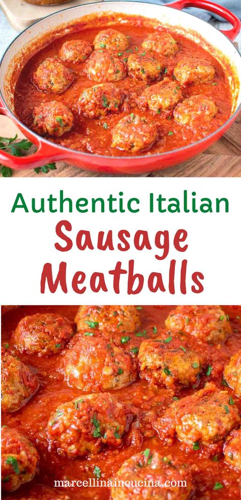 Italian Sausage Meatballs recipe is a guaranteed family favorite! Beautifully tender meatballs are flavored with Pecorino Romano cheese and parsley, before being fried and then simmered in a rich marinara sauce. #ItalianRecipes #MeatballsWithSausage #ItalianSausageMeatballsRecipe Hot Italian Sausage Meatballs, Meatballs Italian Sausage, Sweet Italian Sausage Meatballs, Italian Sausage Meatballs Baked, Ground Sausage Meatballs, Sweet Italian Meatballs, Meatballs And Sausage In Sauce, Sausage And Beef Meatballs, Ground Sweet Italian Sausage Recipes Dinners