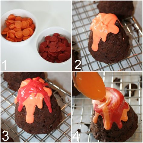 Vulcano And Dinosaur Cake, Volcano Cupcakes Dinosaur Party, Dino Dessert Table, Dinosaur Cake Table, Dinosaur Treats For Party, Volcano Dessert, Volcano Chocolate, Dinosaur Dessert Table, Volcano Cupcakes