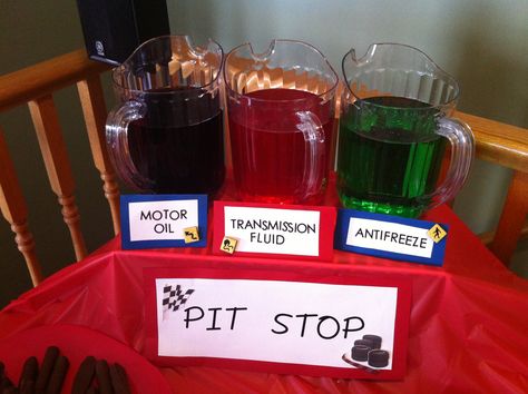 Motor Oil, Antifreeze and transmission fluid!!! Grape, lime and cherry kool-aid! 2 Fast 2 Curious Birthday Cake Ideas, Two Fast Food Ideas, Monster Jam Birthday Party, Monster Jam Birthday, Blaze Birthday, Hotwheels Birthday Party, Cars Birthday Party Decorations, Car Birthday Party, 2nd Birthday Party For Boys