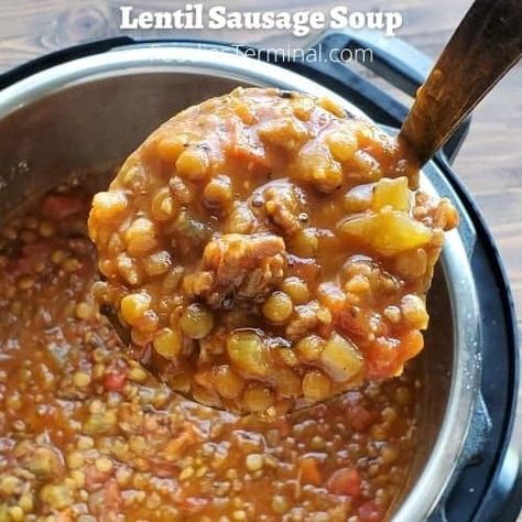 Lentil Sausage Soup is packed with ground sausage, soft lentils, lots of veggies in a tomato based broth. This hearty sausage and lentil soup tastes as if it has been slow simmered for hours. This one pot budget soup stores well, tastes amazing & would feed a large family. Lentil And Sausage Soup Recipe, Lentil And Sausage, Sausage And Lentil Soup, Sausage Lentil Soup, Lentil Sausage, Carrabbas Recipes, Homemade Lentil Soup, Instant Pot Lentil Soup, Sausage Lentil