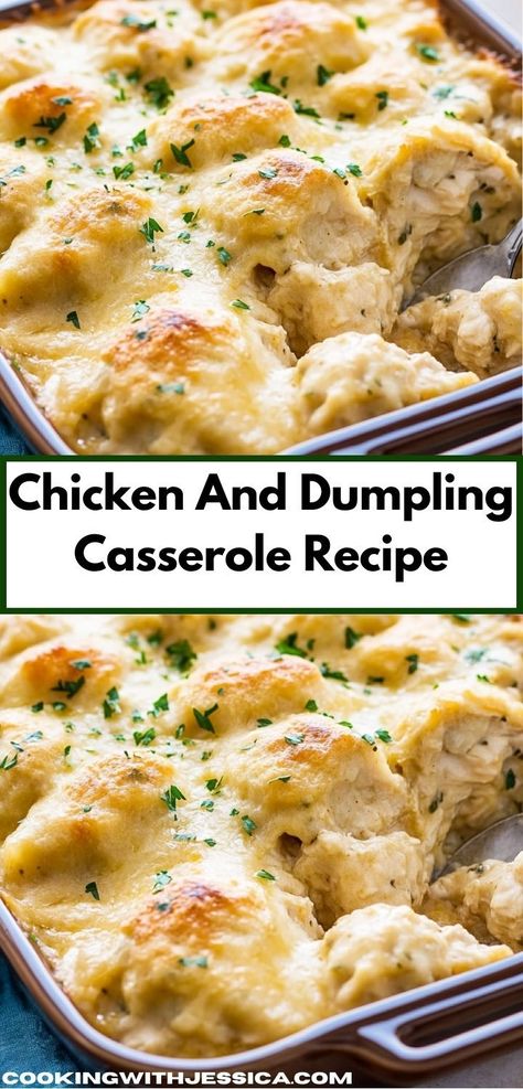 Searching for a cozy dish to share? This Chicken and Dumpling Casserole is packed with flavor and brings everyone together at the table. It's a delightful option for family dinners or gatherings, sure to please. Chicken And Dumpling Casserole, Chicken Dumpling Casserole, Dumpling Casserole, Creamy Chicken And Dumplings, Fluffy Dumplings, Chicken Dumpling, Yummy Casserole Recipes, Hearty Casseroles, Ground Beef Casserole