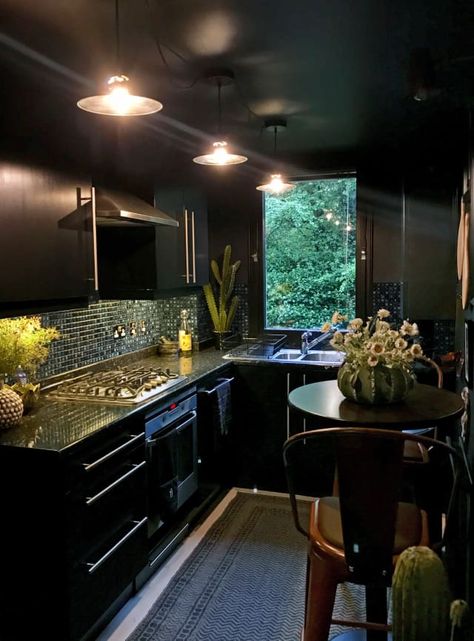 Dark Home Aesthetic, Black House Interior, Layered Lighting, Dark Interior Design, Dark Modern, Colorful Kitchen, Dark Home, London Flat, London House