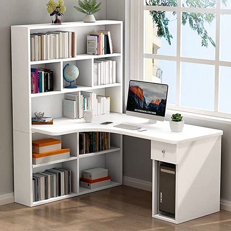 Workspaces Design, Desk With Bookshelves, Study Table Ideas, Wood Corner Desk, Corner Writing Desk, L Shaped Corner Desk, Study Table Designs, Study Room Design, Study Corner