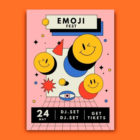 Free Vector | Acid emoji poster template Gaming Graphic Design, Flat Design Poster, Emoji Ip, Graphic Design Portfolio Book, Charity Poster, Edit Poster, Emoji Game, Storytime Ideas, Poster Template Free