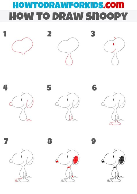 how to draw snoopy step by step Snoopy Sketch Art, How To Draw Snoopy Step By Step, Step By Step Character Drawing, How To Draw Characters Step By Step, Draw Snoopy Step By Step, Easy Cartoon Drawings Step By Step, Peanuts Drawing, Step By Step Disney Characters, How To Draw Snoopy