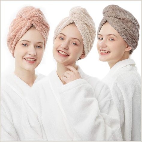 ELLEWIN Hair Towel Wrap 3 Pack, Microfiber Hair Drying Shower Turban with Buttons, Super Absorbent Quick Dry Hair Towels for Head Towel Wrap, Microfiber Towel Hair, Hair Drying Towel, Hair Towels, Women Towel, Hair Towel Wrap, Bath Wrap, Hair Drying, Hair Turban