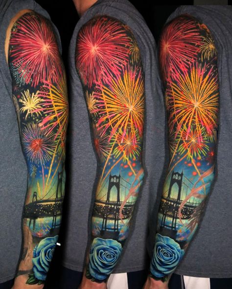 Firework sleeve tattoo by @jamie_schene Firework Tattoo Color, Firework Tattoo Ideas, 4th Of July Tattoos, Fireworks Tattoo Ideas, Scenic Tattoo, Firework Tattoo, Space Tattoo Sleeve, Michigan Tattoos, Tattoo Coverup