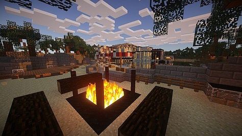 Luxurious Modern House ☆2☆ A late 560 sub special. Minecraft Project Fire Pit Minecraft, Minecraft Fire Pit, Minecraft Outdoor, Luxurious Modern House, Minecraft Beach, Minecraft Beach House, Minecraft Projects, Minecraft Designs, Outdoor Fireplace