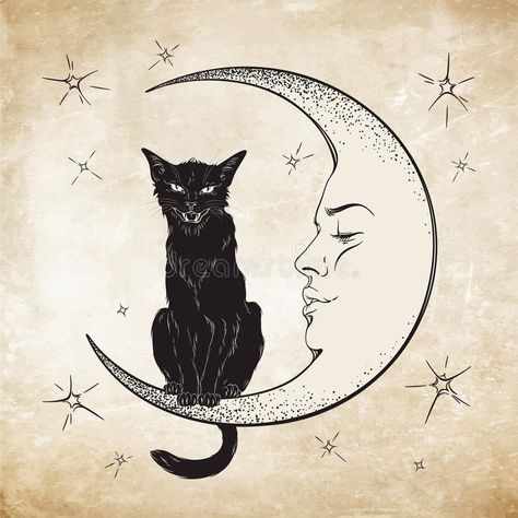 Black cat sitting on the moon. Wiccan familiar spirit vector vector illustration Black Cat Tattoos, Arte Van Gogh, Black Curtains, Shower Curtain Decor, Shower Curtain Set, Moon Print, Cat Sitting, Art Anime, Cat Tattoo