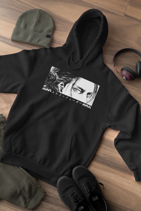 Unisex Attack On Titan Season 4 Eren Tatakae Black Hoodie, AoT Anime Lover Hooded Sweatshirt, Eren Yeager Fight Slogan Tee, Anime Graphic Everyone needs a cozy go-to hoodie to curl up in, so go for one that's soft, smooth, and stylish. It's the perfect choice for cooler evenings! • 50% pre-shrunk cotton, 50% polyester • Fabric weight: 8.0 oz/yd² (271.25 g/m²) • Air-jet spun yarn with a soft feel and reduced pilling • Double-lined hood with matching drawcord • Quarter-turned body to avoid crease Anime Wearing Hoodie, Attack On Titan Clothes, Aot Hoodie, Aot Merch, Season 4 Eren, Hoodie Design Print, Hoodies Design Ideas, Attack On Titan Merch, Geek Charming