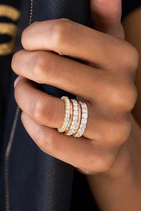 Stackable Diamond Rings Eternity Bands, Two Diamond Wedding Bands, Gold And Diamond Ring Stack, Stacked Wedding Bands With Round Diamond, Diamond Band Stacked Rings, Stackable Gold Wedding Bands, Gold Diamond Bands For Women, Diamond Band Engagement Ring Stacked, Diamond Gold Wedding Bands