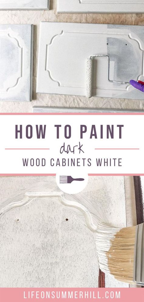 Painting Dark Cabinets Before And After, Painted Kitchen Cabinets Dark On Bottom Light On Top Top, Paint Over Stained Wood Without Sanding, Paint Cabinets Without Sanding, Dark Stained Cabinets, Paint Your Cabinets, Stained Wood Cabinets, Paint Stained Wood, Stained Cabinets