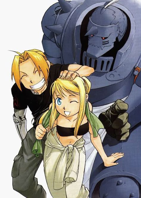 Fullmetal Alchemist Resembool Trio: Edward Elric, Alphonse Elric, & Winry Rockbell By manga creator Hiromu Arakawa Ed And Winry, Fullmetal Alchemist Edward, Hiromu Arakawa, Full Metal Alchemist, Arte Sailor Moon, Alphonse Elric, Edward Elric, Fullmetal Alchemist Brotherhood, Wallpaper Animes