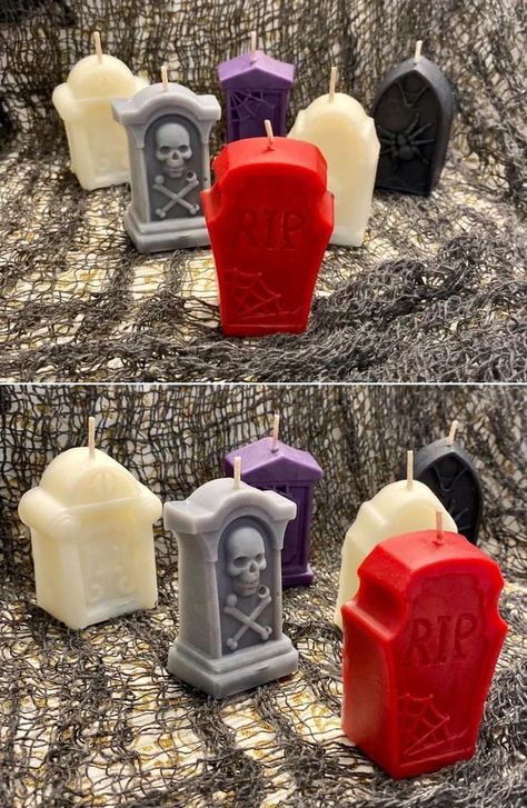 These spooky yet cute tombstone candles will be adorably amazing incorporation to your Halloween ambiance. Available in a galore of scents, these candles will create a graveyard setting for the Day of the Dead. You can have them customized with scent options including Blackberry Frankincense, Blood Orange, Candied Apple and so many more. Halloween Candles Aesthetic, Diy Halloween Candles, Cute Tombstone, Witchy Store, Diy Candle Business, Candles Inspiration, Horror Candles, Halloween Themed Candles, Skull Candle Diy