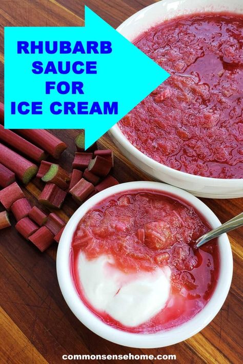 Learn how to make a homemade rhubarb sauce recipe, plus some variations, and serving and storage tips. You can use fresh or frozen rhubarb to make sauce, with sugar, honey, maple syrup, or keto friendly. Add spices, zest, and different fruit and flavor combinations to make the recipe your own. Rhubarb Sauce Recipes, Rhubarb Syrup Recipe, Sauce For Ice Cream, Strawberry Rhubarb Sauce, Freeze Rhubarb, Growing Rhubarb, Rhubarb Sauce, Ice Cream Yogurt, Rhubarb Syrup