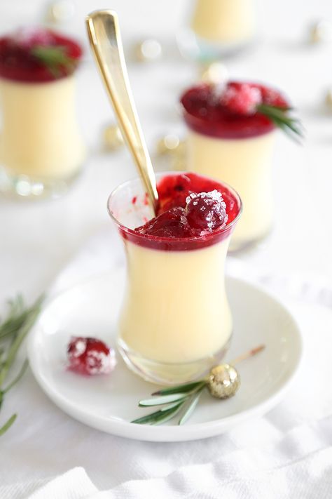 Eggnog Panna Cotta with Spiked Cranberry Sauce Recipe Eggnog Panna Cotta, Holiday Cooking Thanksgiving, Holiday Baking Recipes Christmas, Holiday Cooking Recipes, Holiday Cooking Christmas, Cranberry Sauce Thanksgiving, Cooking Christmas, Holiday Desserts Christmas, Cooking Party