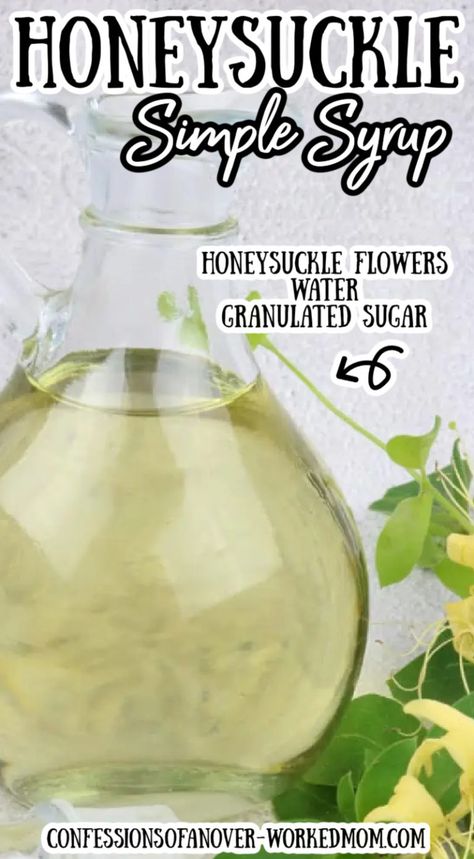 Honeysuckle Syrup Recipe, Honeysuckle Simple Syrup, Honeysuckle Syrup, Honeysuckle Jelly Recipe, Honeysuckle Recipes, Flavored Simple Syrup, Honeysuckle Jelly, Drink Syrups, Edible Flowers Recipes