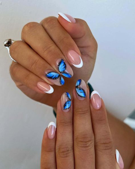 1. Blue Butterfly Nails, Round Nail Designs, Butterfly Nail Designs, Butterfly Nails, Butterfly Nail Art, Vibrant Nails, Blue French, Round Nails, Summer Acrylic Nails