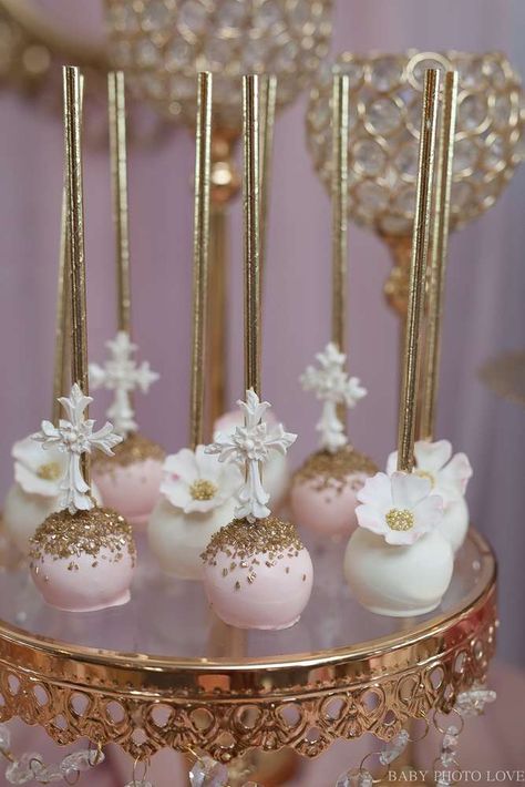 Arianas Royal Baptism | CatchMyParty.com Baptism Cake Pops, Baptism Desserts, Girl Baptism Party, Bautizo Ideas Girl, Baptism Decorations Girl, Baptism Party Decorations, Baptism Party Ideas, First Communion Cakes, First Communion Cake