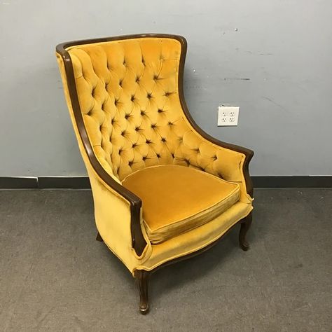 SOLD!!! She golden. She swanky. She vintage royalty 👑 🕺 💃 🪩 Vintage Mid-Century Modern Yellow Tufted Upholstered Wingback Armchair w/ Medium-Stained Wooden Trim (28”W x 32”D x 41”H) Item Number: 16344-18 $195 Love it? Don’t miss out! You can purchase this item on our website (link in bio). Pro Tip: use the Item Number listed above to search for this exact product. Or come by our new store location anytime at 401 Elmira Road! We always love to see you 💖 • • • #mimisatticithaca #ithacan... Victorian Wingback Chair, Orange Wingback Chair, Yellow Wingback Chair, Vintage Wingback Chair, Wooden Trim, Wingback Armchair, Wishbone Chair, Website Link, Item Number